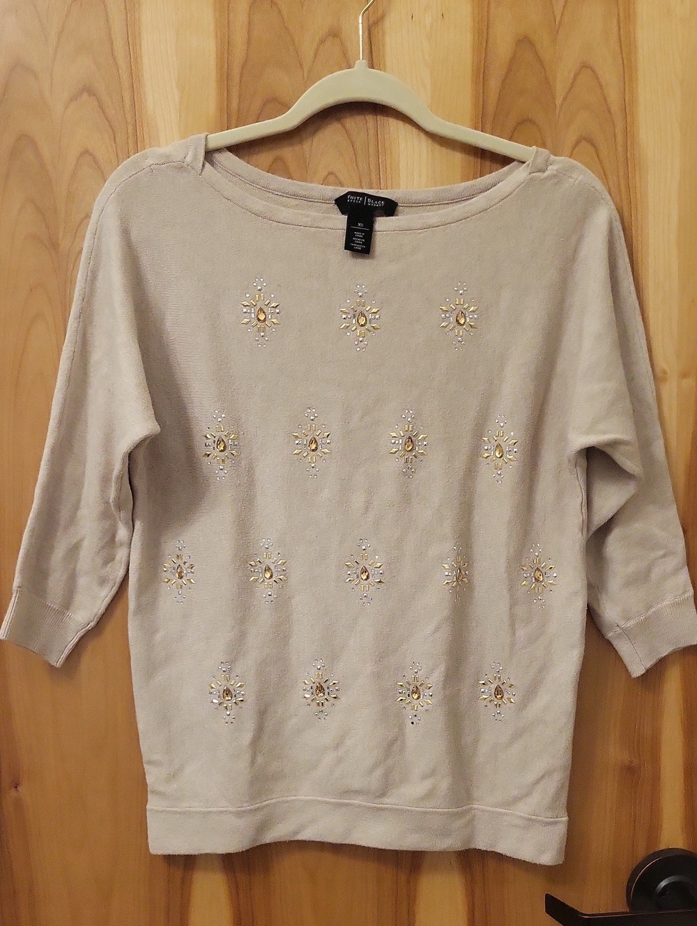 White House Black Market Cream Embellished Boatneck Sweater